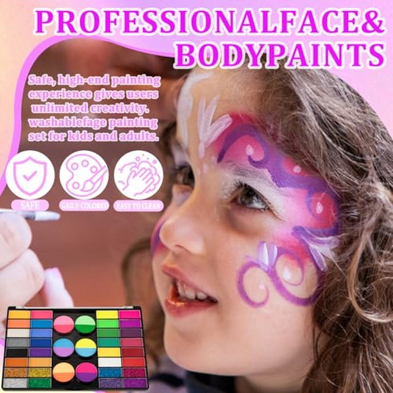 69 Colors Face Painting Kit for Kids - Non-toxic water-activated paint palette with glitter makeup palette, stencils, brushes, Gems, puff. for Kids Party Cosplay Halloween Christmas Carnival.