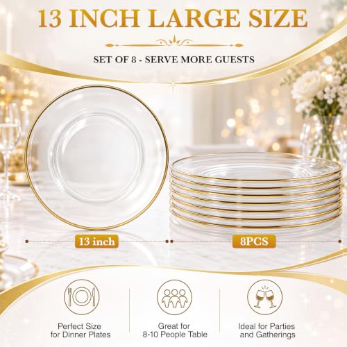 8-Pack 13 Inch Clear Glass Charger Plates with Gold Edge for Weddings & Dining