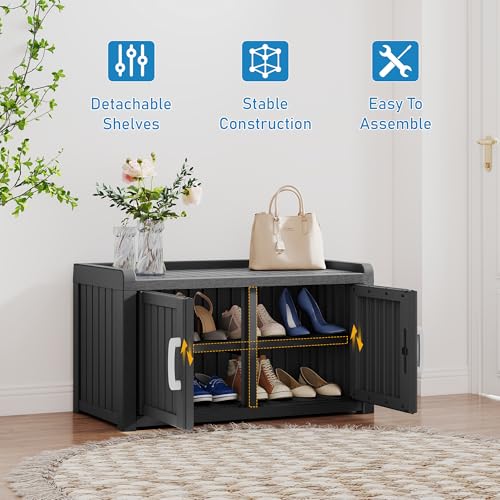Outdoor Waterproof Shoe Storage Bench - Double Door, Midnight Black
