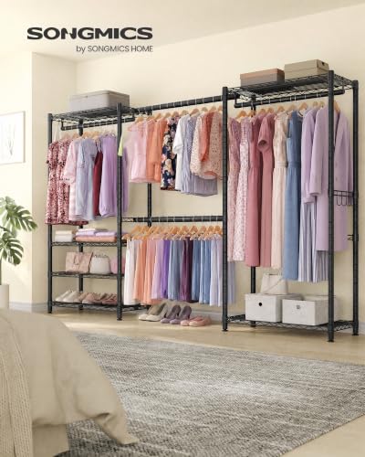 SONGMICS Adjustable Clothes Rack with Mesh Shelves and Hanging Rails - Ink Black