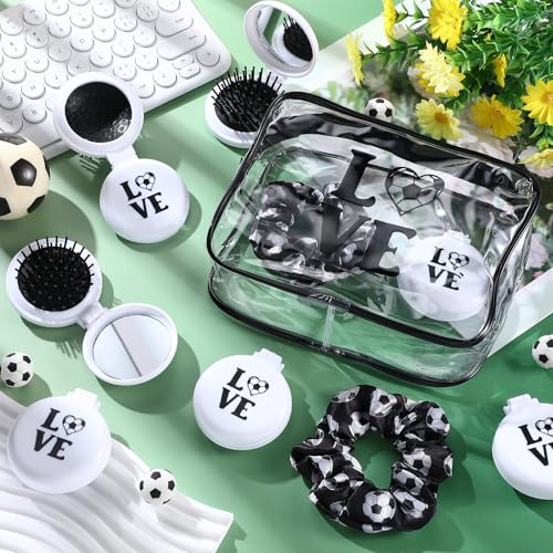 Soccer Gifts Set for Women - Makeup Bags, Hair Scrunchies & Folding Hair Brush - Black and White - Variation of Soccer