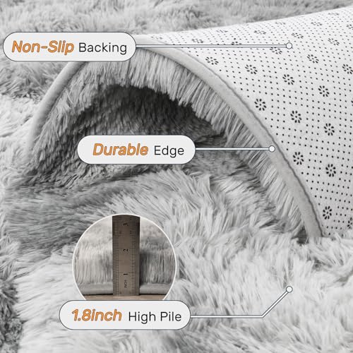 Grey Tiedye 8x10 ft Fluffy Shag Rug - Non-Slip Area Carpet for Living Room & Bedroom