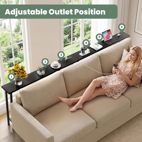 Black 102-Inch Sofa Table with Built-In Power Strip – Modern Narrow Couch Console