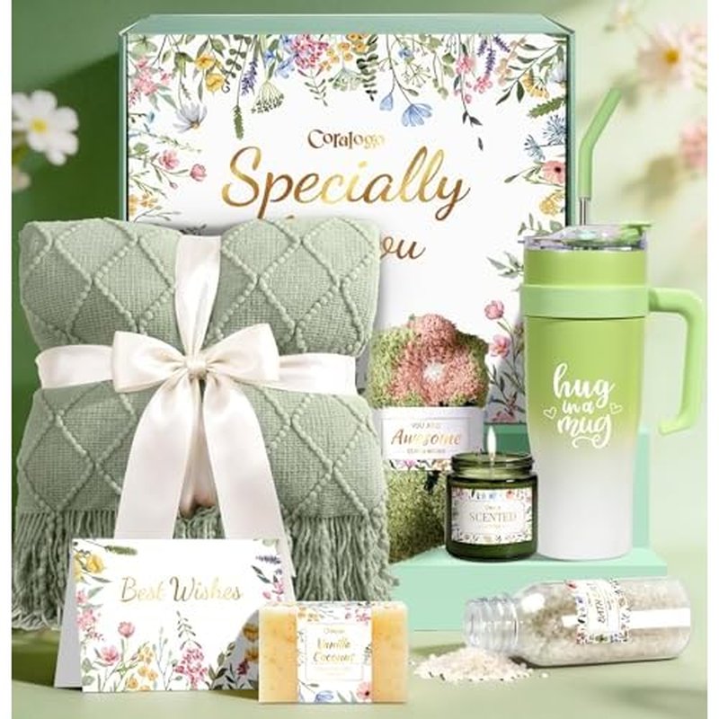 Coralogo Spa Self Care Gifts for Women - Unique Birthday Basket for Women with Green Blanket, 40oz Tumbler, Spa Gift Baskets for Her Birthday, Get Well, Mother's Day, Thinking of You