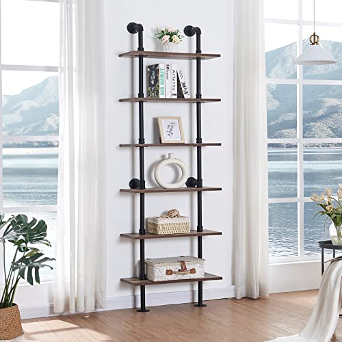 Hombazzar Industrial Pipe Bookshelf - Brown 6-Tier Modern Shelving