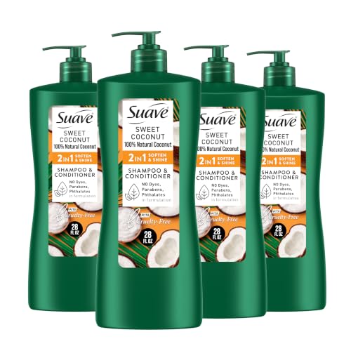 Suave Smooth & Shiny 2-in-1 Shampoo & Conditioner with Coconut Oil - Old Packaging, 4 Pack
