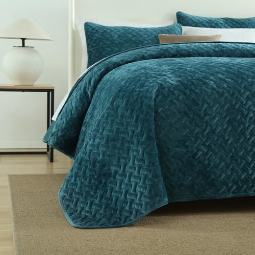 Velvet Bedspread Quilt Coverlet Bedding Set - Teal Queen Size (90x98 inches)