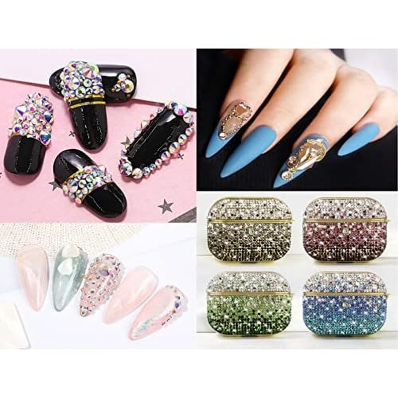 2-Box Massive Beads 8000pcs 6Sizes Nail Art Flatback Glasses Rhinestones Crystal for DIY Project with Tweezers and Picking Pen for Nail Art, Face Art, Manicure (Silver Flare, 6 Sizes)