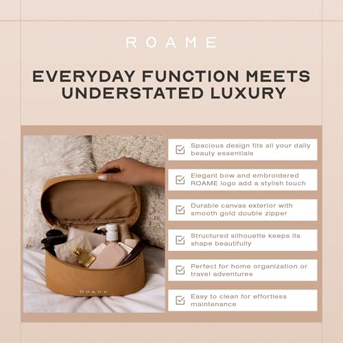 Roame Everyday Vanity Bag ? Elegant Canvas Cosmetic Travel Bag with Zipper, Spacious Toiletry Organizer & Makeup Pouch for Women ? Stylish Daily Companion for Life at Home or On-the-Go