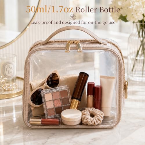 Rose Quartz Roller Bottle 50ml - Refillable Amber Glass Roll-On with Gold Cap (Pink+Purple)