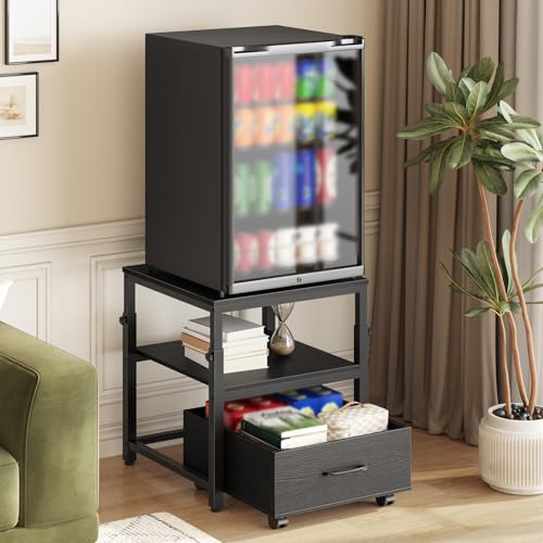 Mini Fridge Stand with Storage Basket - Height-Adjustable, Wheels & Feet - Black - HOOBRO BB455BX01