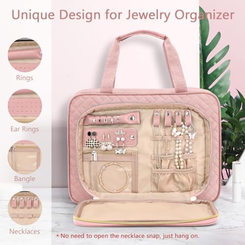 Large Waterproof Travel Toiletry Bag with Jewelry Organizer - Pink