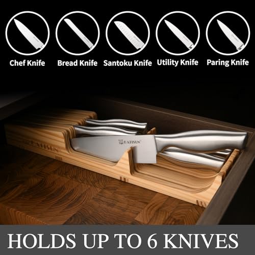 Drawer Knife Block Set - 6 Piece Kitchen Knife Organizer with Pine Block