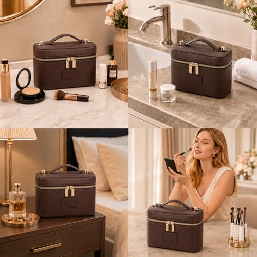 Cozomga Coffee Makeup Bag Vanity Case with Removable Divider Travel Organizer
