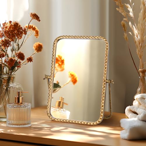 Small Vintage Rectangular Desk Mirror with Beaded Frame - Antique Gold, 12 x 7.9 inches