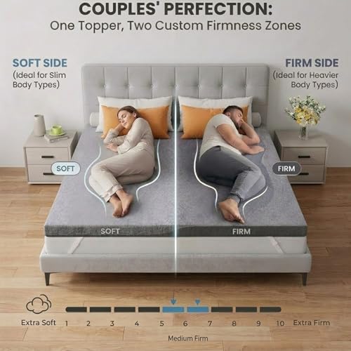 Queen Size Dual Firmness Mattress Topper - Split 3 Inch Support Foam, Non-Slip, CertiPUR-US Certified