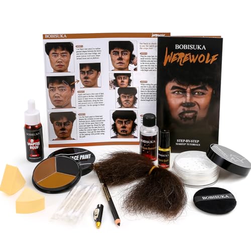 BOBISUKA Werewolf SFX Makeup Kit - Halloween Costume & Special Effects Set with Face Paint Crepe Hair Fake Blood