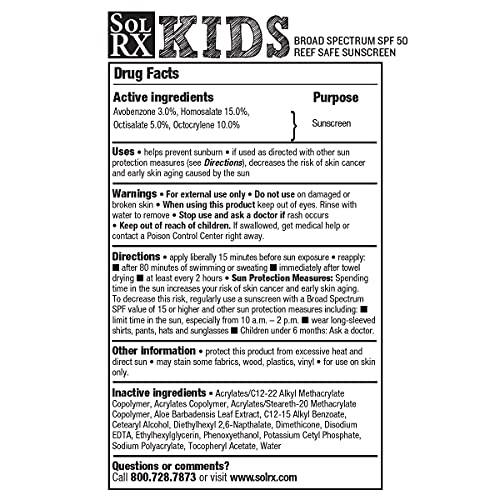 SolRX KID's SPORT Sunscreen SPF 50+ Oxybenzone Free Sunscreen, Reef Safe Sunscreen for Face and Body, Won't Run Into Eyes