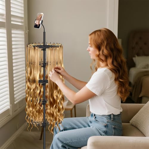 Braiding Hair Rack - Hair Racks for Braiders Standing With Tray and Wheels,140 Pegs Divider Stand & With Phone Holder Adjustable Rotation Hair Stand for Hair Stylist / Salon / Home User (Black)