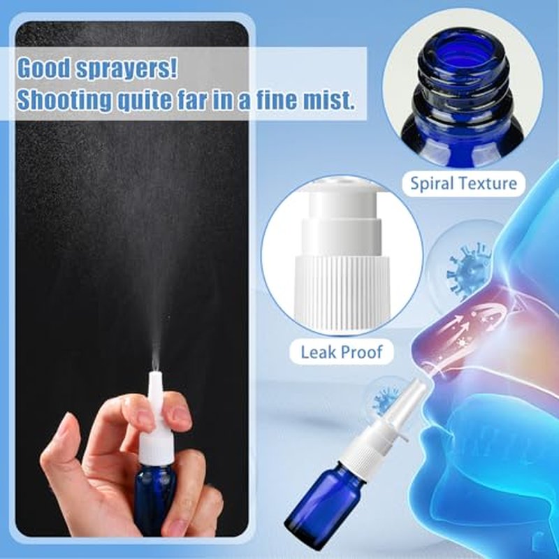 40 Pcs Nasal Spray Bottle, 10ML/0.35OZ 24 Pcs Refillable Glass Blue Nasal Spray Bottles Empty with 8 Funnels and 8 Labels