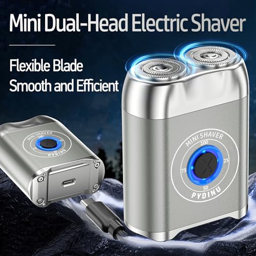 PYDINU Mini Dual-Head Electric Shaver, IPX7 Waterproof USB-C Rechargeable, Travel Portable Trimmer (Silver)