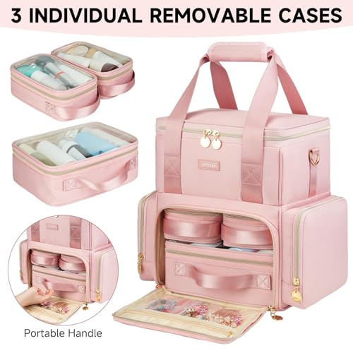 Extra Large Makeup Bag,4 in 1 Cosmetic Storage Organizer Travel Case with 3 Detachable Pouches and Dividers,Pink