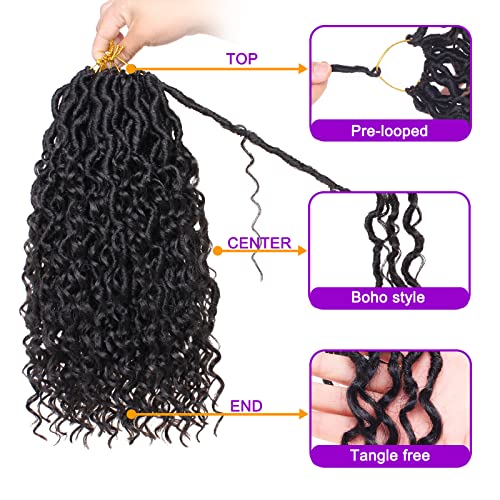 ZRQ 8 Pack Boho Faux Locs Crochet Hair 14 Inch Goddess Locs with Curly Ends, Pre Looped River Locs, Soft Synthetic Extensions, 1B#