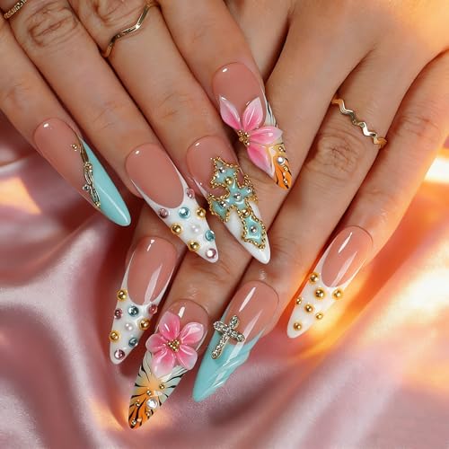 Luxury Handmade Press-On Nails with 3D Flowers Gold Accents Ombre Blue-Peach Design
