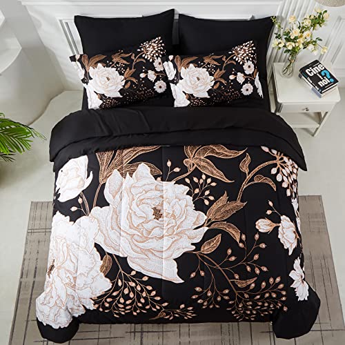 Black Floral Queen Bed in a Bag 7-Piece Comforter Set Botanical Bedding