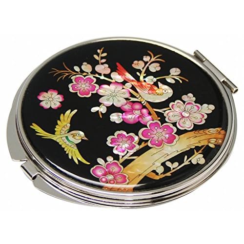 Mother of Pearl Design 2-Sided 2X/1X Magnification Compact Mirror, Pocket Travel Makeup Mirror, Small Metal Portable Handheld Cosmetic Mirror for Purses, Gift for Mom Women (Pink Plum Flower)