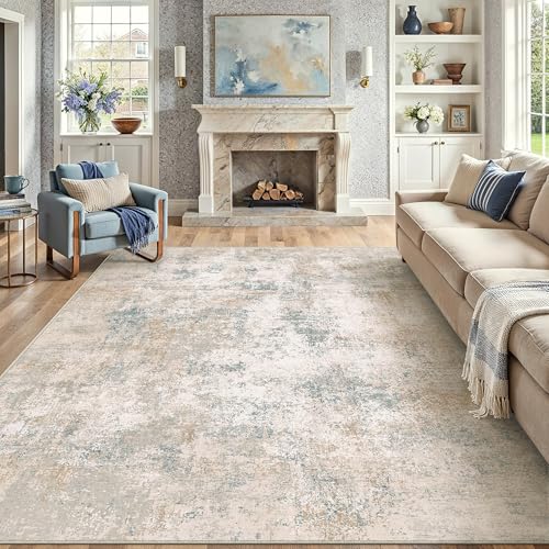 Modern Abstract Washable Area Rug - 8x10 Beige & Blue Living Room Decor - Non-Slip