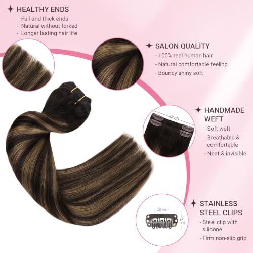 MAXITA Clip-In Hair Extensions 16 Inch 60g Real Human Hair Balayage Dark Brown Mix - 4PCS