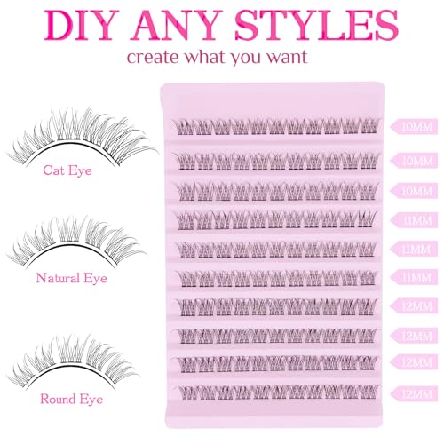 Lash Clusters Wispy Natural D Curl Eyelash Extension DIY 10-12MM Mixed Fluffy Individual Lashes Thin Band 110pcs,10mm 11mm 12mm False Eyelashes