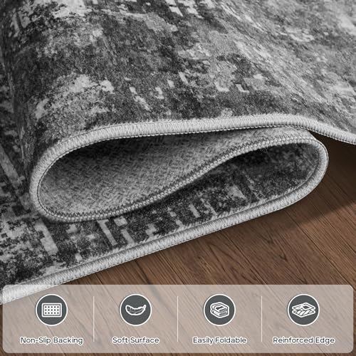 Black & Grey 8x10 Washable Area Rug for Living Room Bedroom Dining Room - Durable Faux Wool