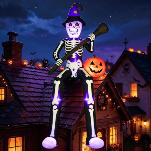 Halloween Inflatable Skeleton Wizard 12 FT with Broom & Pumpkin - Roof Skeleton Variation