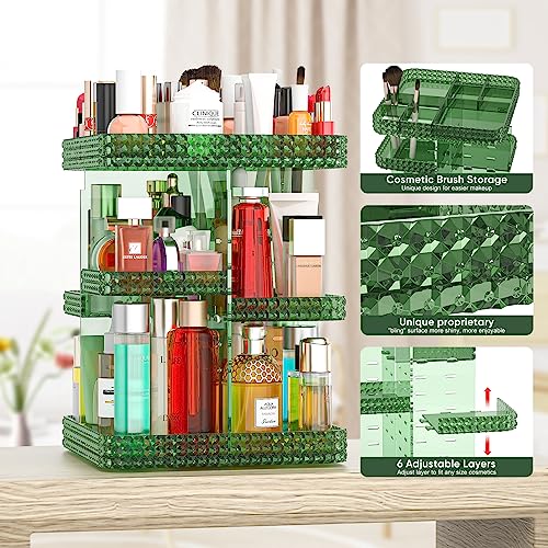 Famitree Green 360° Rotating Makeup Organizer with Adjustable Layers - Large Capacity Acrylic Storage Rack for Vanity and Bathroom