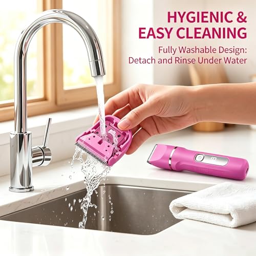 KINGTEE Rose Pink Bikini Trimmer for Women, Waterproof Electric Razor with 5 Blades & Charging Dock