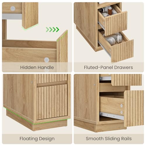 Natural CHOEZON 8.7-inch Narrow Fluted Nightstand with Drawers & Shelf - Small Modern Bedside Table