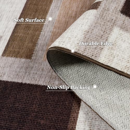 Mocha Brown Geometric Area Rug 6x9 - Washable, Non-Slip Living Room Carpet