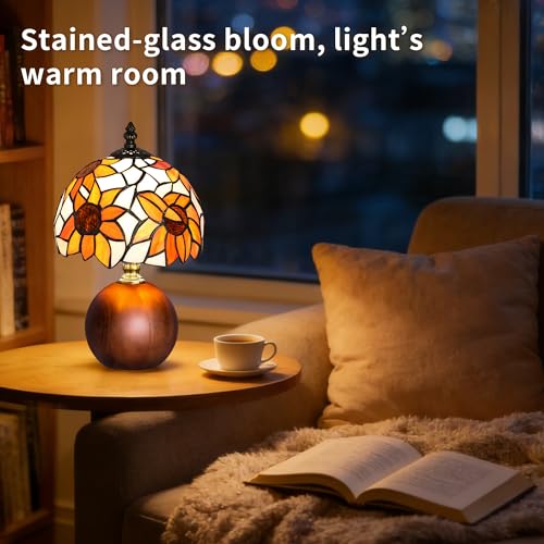 12.2" Retro Sunflower Tiffany Table Lamp with Orange Glass & Wooden Base