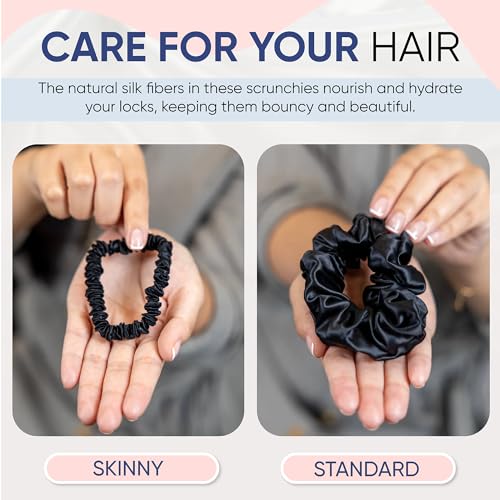 Silk Scrunchies 3 Pack - Black, Gold & Pink - 100% Mulberry Silk, 22 Momme, High-Grade Hair Ties (Regular)