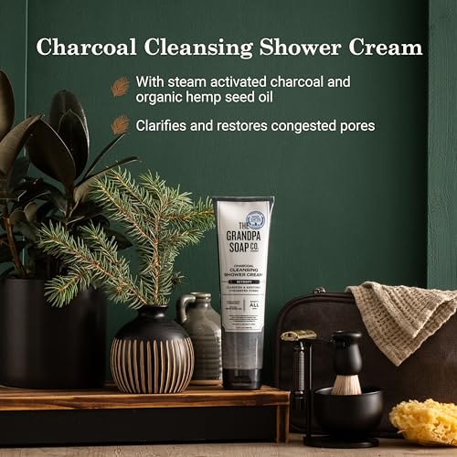 The Grandpa Soap Company Charcoal Cleansing Shower Cream - Clarifies & Restores Congested Pores, With Activated Charcoal & Hemp Seed Oil, Detoxifies, 9.5 Fl Oz, 2 Pack