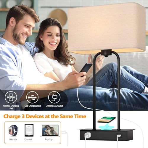 Modern Black Wireless Charging Table Lamp Set of 2 - Dimmable Touch Control, USB & Outlet