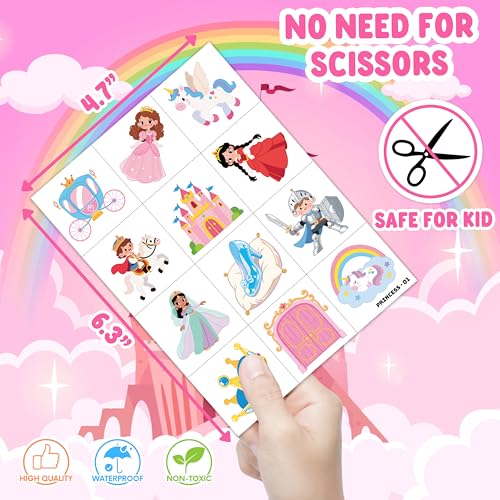 96 PCS Cute Princess Pre-Cut Temporary Tattoos for Kids | Super Cute Princess Themed Birthday Party Favors, Supplies, Decorations, Castle Tattoo Stickers, School Rewards Prizes & Gifts Boys Girls