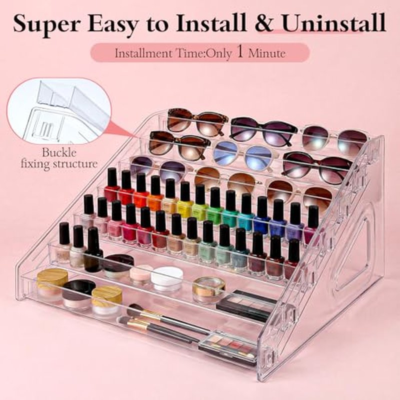 2 Pcs 7 Layers Nail Polish Organizer, Clear Plastic Sunglass Organizer Display Rack Large Essential Oil Storage Holder for Cosmetic, Eyeglasses, Perfume, Jewelry, Lipstick