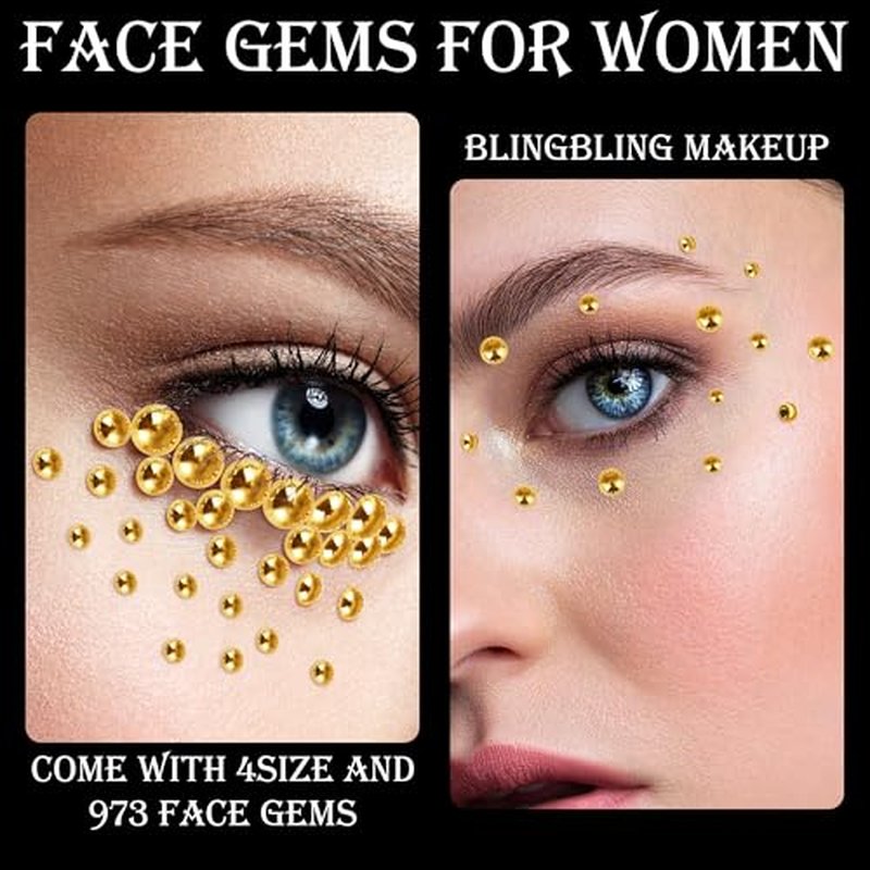 973Pcs Face & Hair Gems Stickers Fake Piercings? Self-Adhesive Face Jewels & Rhinestones for Eyes, Body, Makeup, Festivals ? 3/4/5/6mm DIY Rave Accessories for Girls, Teens & Women (Golden)