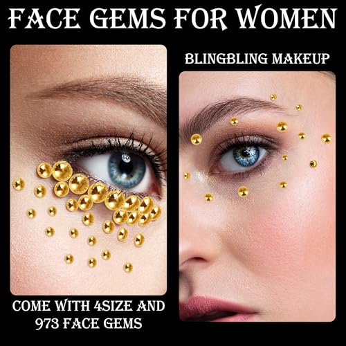 973Pcs Face & Hair Gems Stickers Fake Piercings? Self-Adhesive Face Jewels & Rhinestones for Eyes, Body, Makeup, Festivals ? 3/4/5/6mm DIY Rave Accessories for Girls, Teens & Women (Golden)