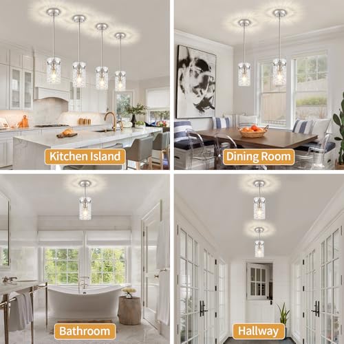 2 Pack Modern Brushed Nickel Pendant Lights with Handblown Hammered Glass