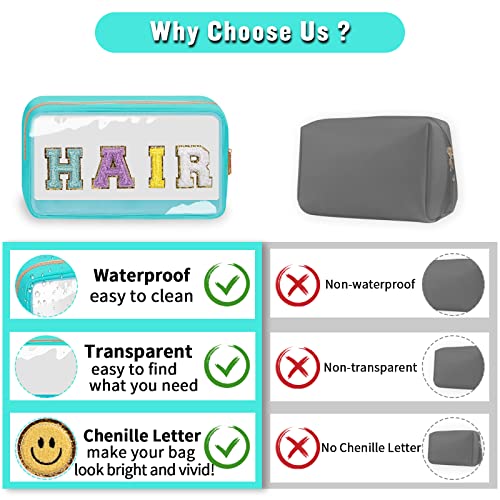 Izuzta 2 Pack Clear Makeup & Hair Pouch with Glitter Chenille Letters, Pink & Green Variations