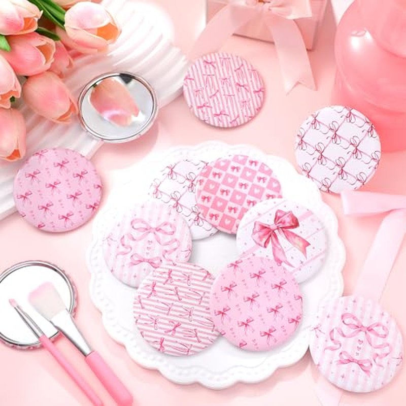 Geelin 12 Pcs Pink Compact Mirror Bulk Pink Bow Party Favors Coquette Aesthetic Mini Mirror for Purse Pocket Women Girl Birthday Valentines Day Gift Wedding Bridal Shower